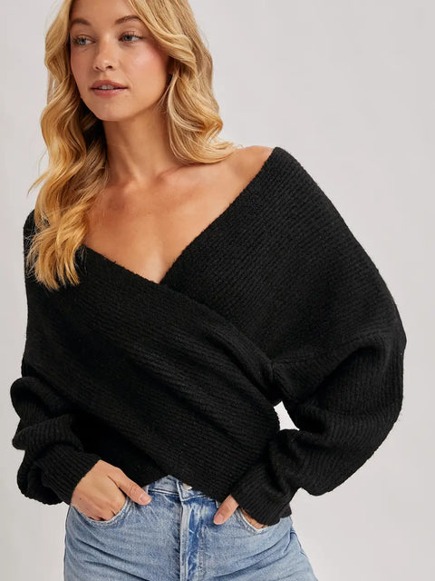 Crossover Ribbed Pullover Sweater
