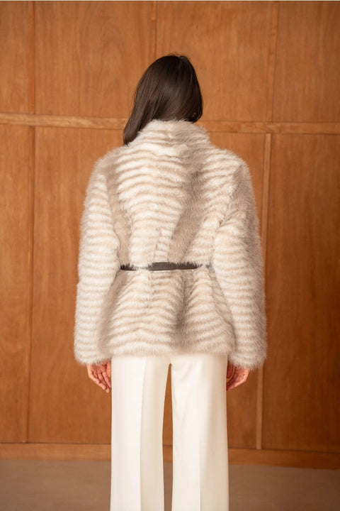 Mid-Length Belted Beige Tiger-Striped Faux Fur Jacket