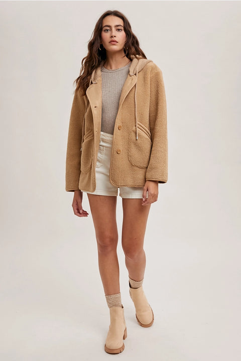 Fleece Hooded Button Down Jacket Inner Faux Suede
