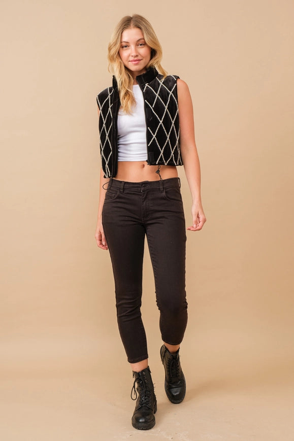 Velvet Quilted Rhinestone Embellished Crop Vest Black-Vest-Blue B-S-Urbanheer