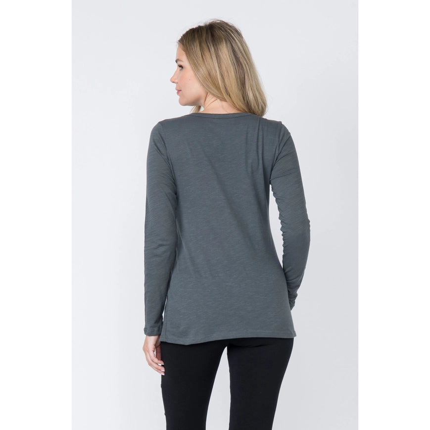 Western Style Long Sleeve Top with Eyelet Trim Grey-Top-Vocal-S-Urbanheer