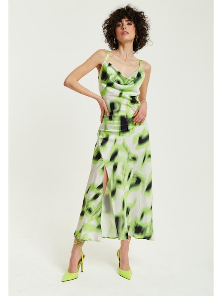 Liquorish Green And Black Abstract Print Cowl Neck Midi Dress-Liquorish-6-Urbanheer