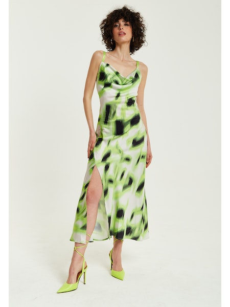 Liquorish Green And Black Abstract Print Cowl Neck Midi Dress-Liquorish-6-Urbanheer