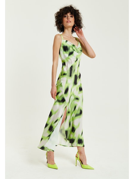Liquorish Green And Black Abstract Print Cowl Neck Midi Dress-Liquorish-6-Urbanheer