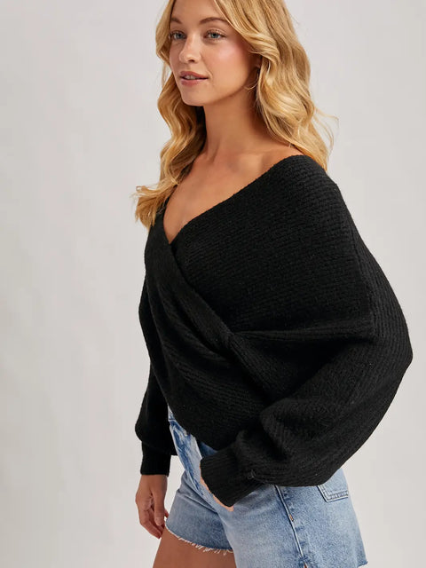 Crossover Ribbed Pullover Sweater