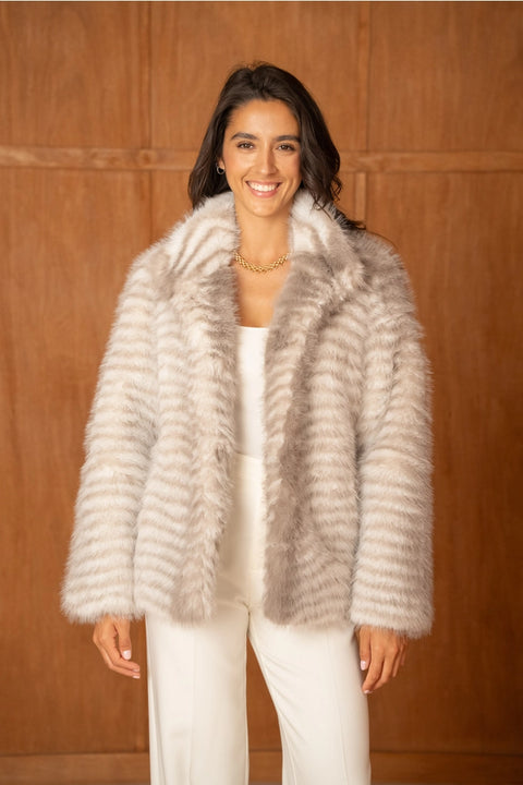 Mid-Length Belted Beige Tiger-Striped Faux Fur Jacket