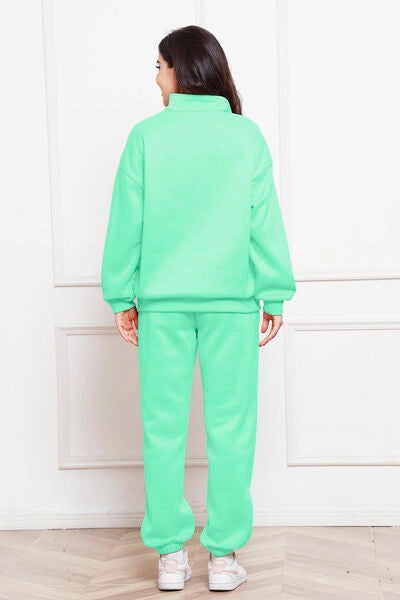 Half Zip Long Sleeve Sweatshirt and Pants Set Mint Green-Sets-Blak Wardrob-Urbanheer