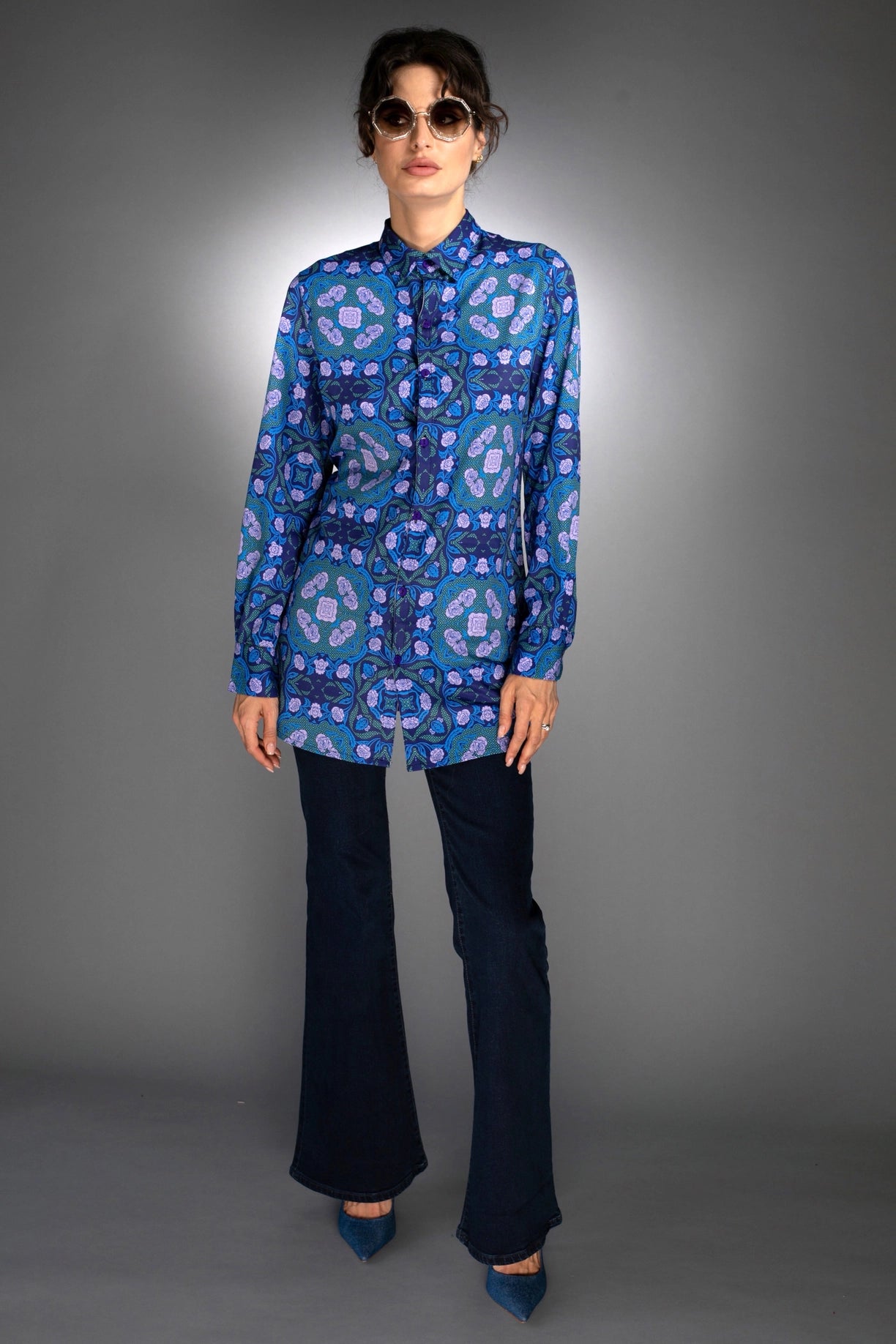 Floral Geometric Shape Long Shirt Roses Cobalt Blue / Lilac-Nuvula-XS-Urbanheer
