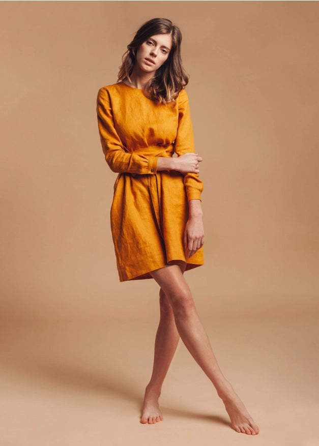 Mustard Yellow Belted Linen Wrap Dress For Women Mini
