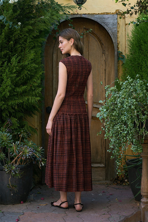 Smocked Bodice Sleeveless Plaid Midi Dress