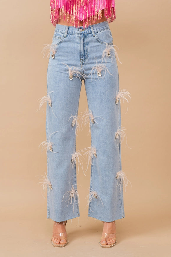 Feather Stone Embellished Mid Rise Denim Jeans-Jeans-Blue B-S-Urbanheer