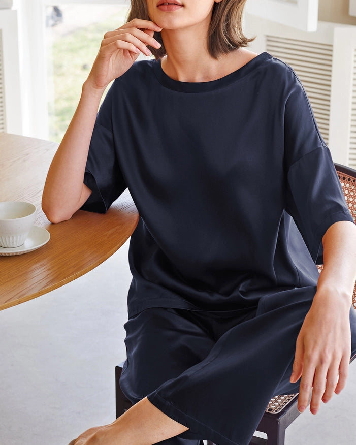 Sunday Morning Silk Pajamas Navy Blue-Pajamas-MommeSilk-XS-Urbanheer