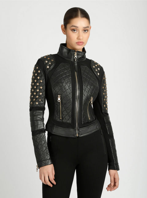 Pyramid Stud Mesh Genuine Leather Moto Jacket - Black