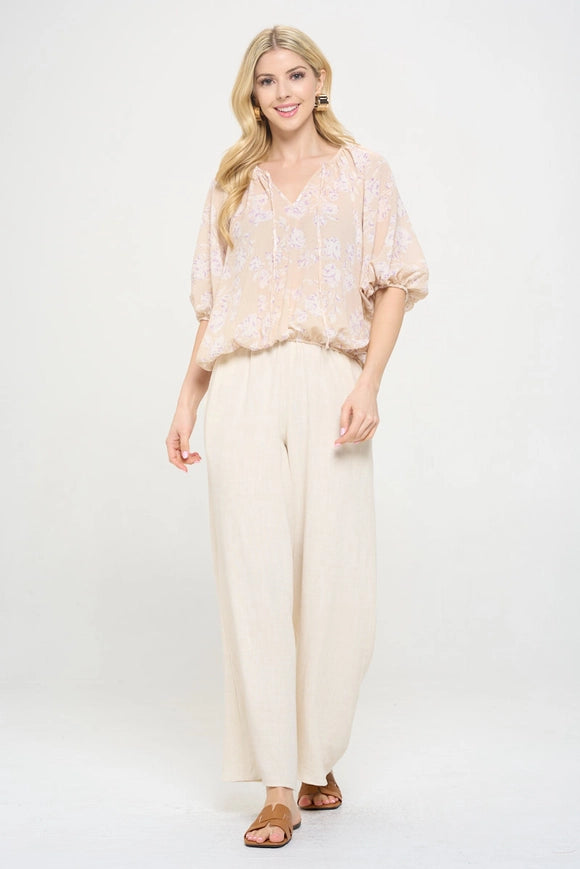 Floral Print V Neck 3/4 Sleeve-TOP-Renee C.-S-Pink-Urbanheer