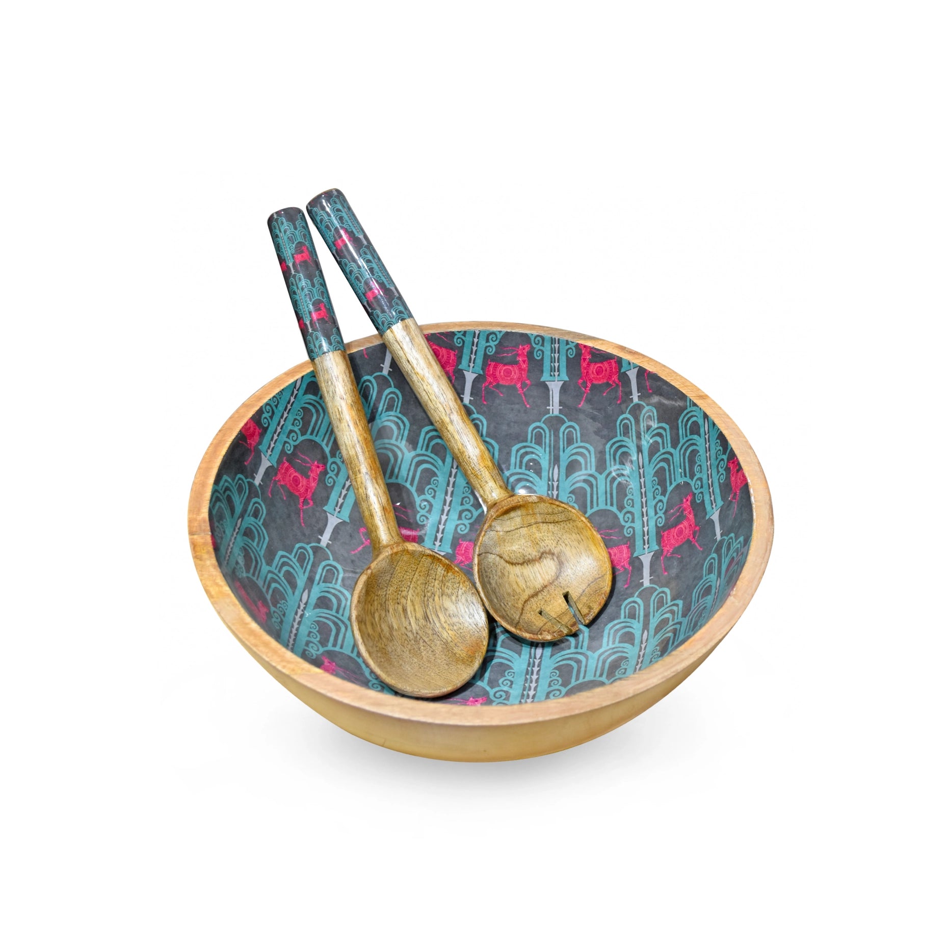 Deer Damask Salad Bowl With Salad Servers-Tiramisu-Urbanheer