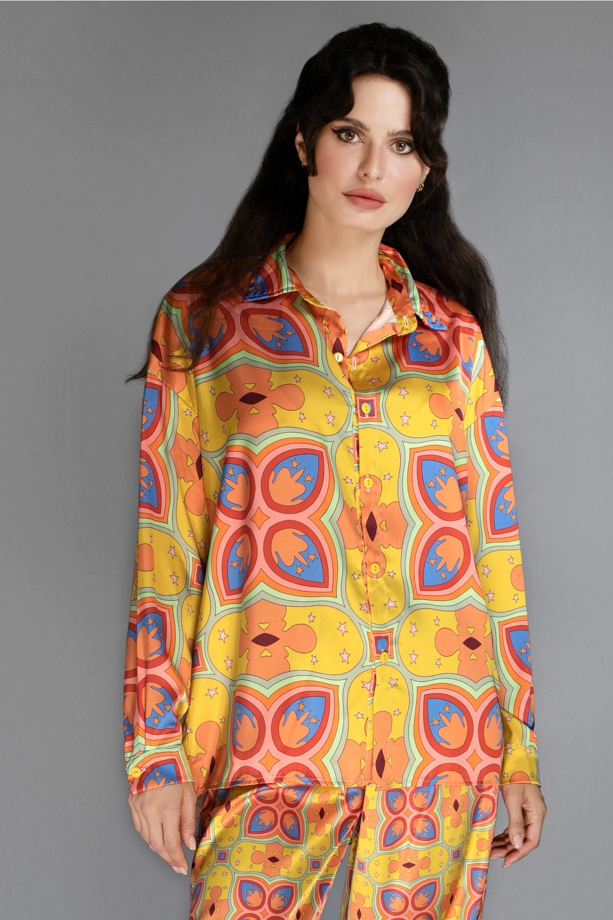 Loose Fit Floral Patterned Mustard Mescaline Satin Blouse-Nuvula-S-Urbanheer