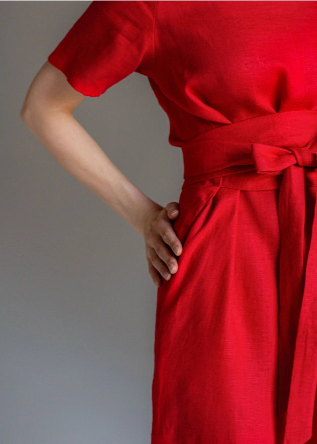Wrap Linen Tie Belt Red Dress For Women Long With Pockets-Dress-Nich Linen-XXS-Urbanheer