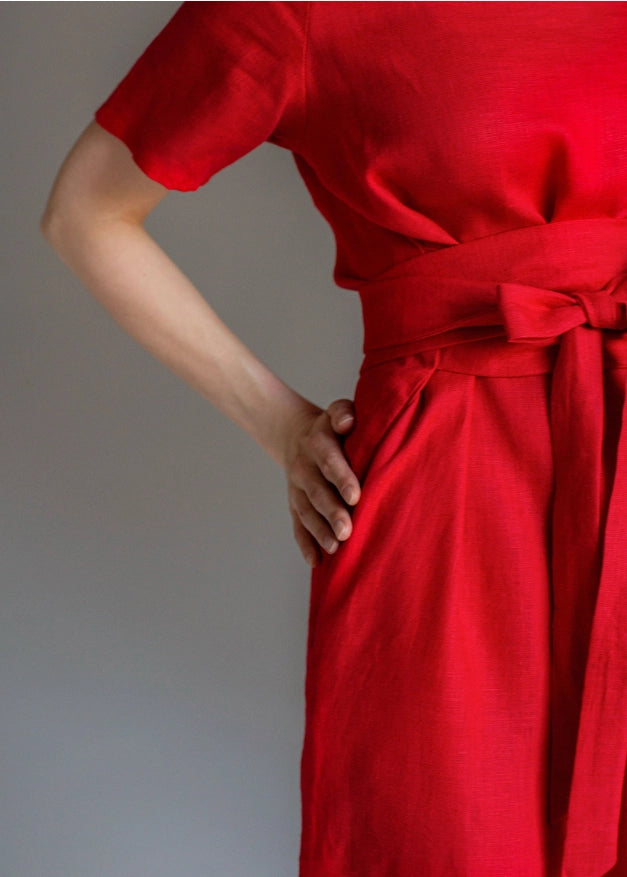 Wrap Linen Tie Belt Red Dress For Women Long with Pockets