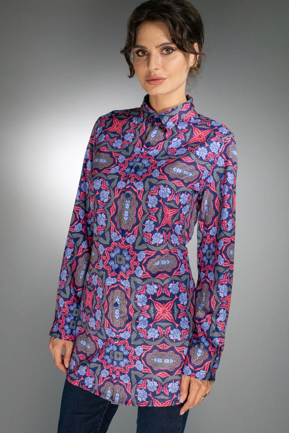 Geometric Long Shirt Electric Purple/Scarlet Red For Women-Nuvula-XS-Urbanheer