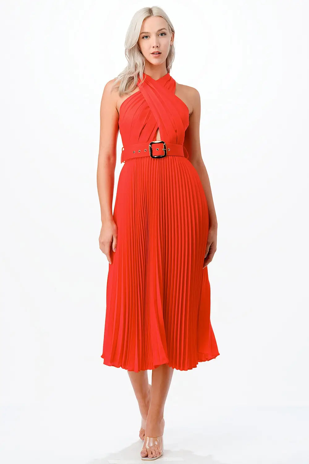 Cross Over Pleats Midi Dress- Orange-Clothing - Women-Neon Blush-S-Orange-Urbanheer
