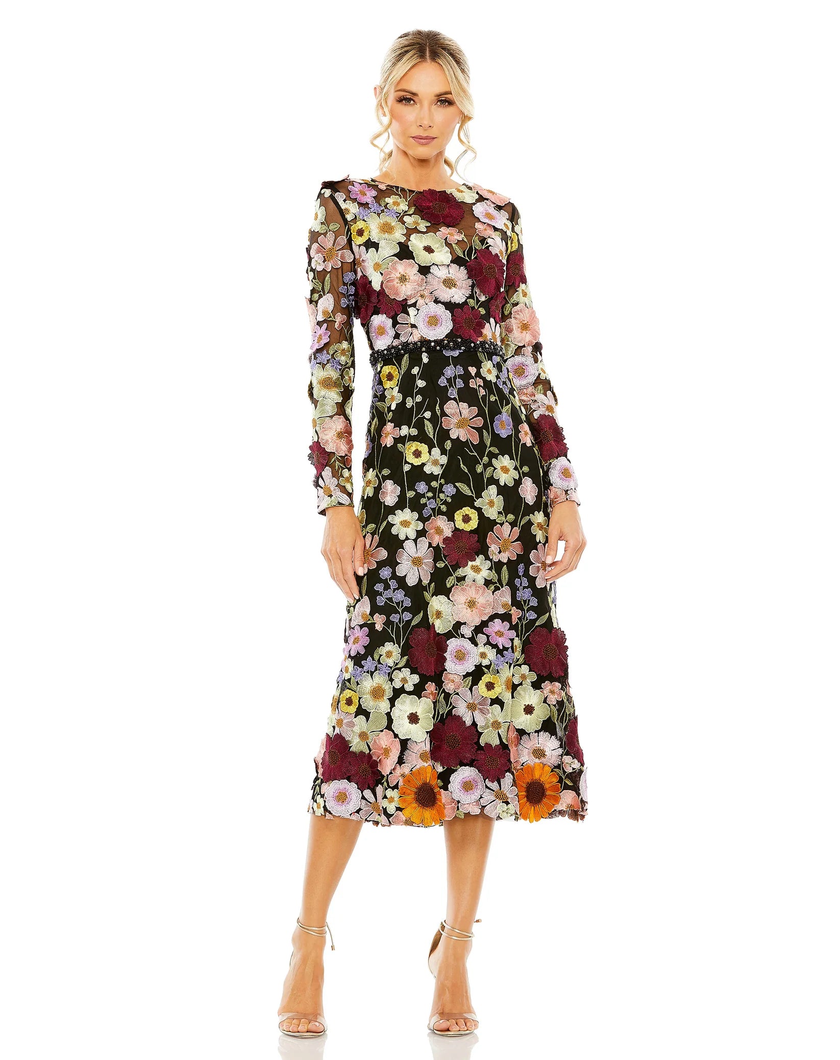 High Neck Floral Embellished A-Line Dress-Mac Duggal-2-Urbanheer