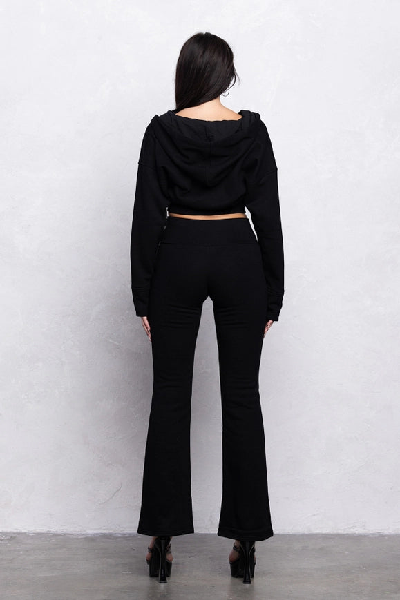 Fleece Zip-Up Cropped Hoodie W/Flare Pants Set-Sets-No Vacancy-S-Urbanheer
