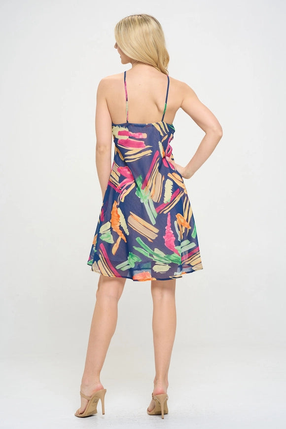 Print Halter Neck Swing Dress Navy-Dress-Renee C.-Navy-S-Urbanheer
