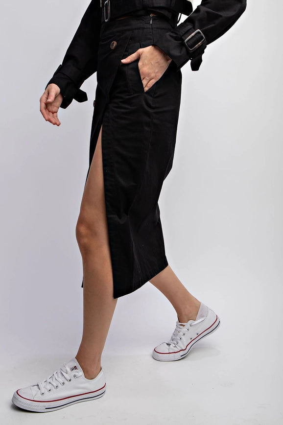 Woven Midi Skirt with Button Detail Black-SKIRT-EDIT by NINE-S-Urbanheer