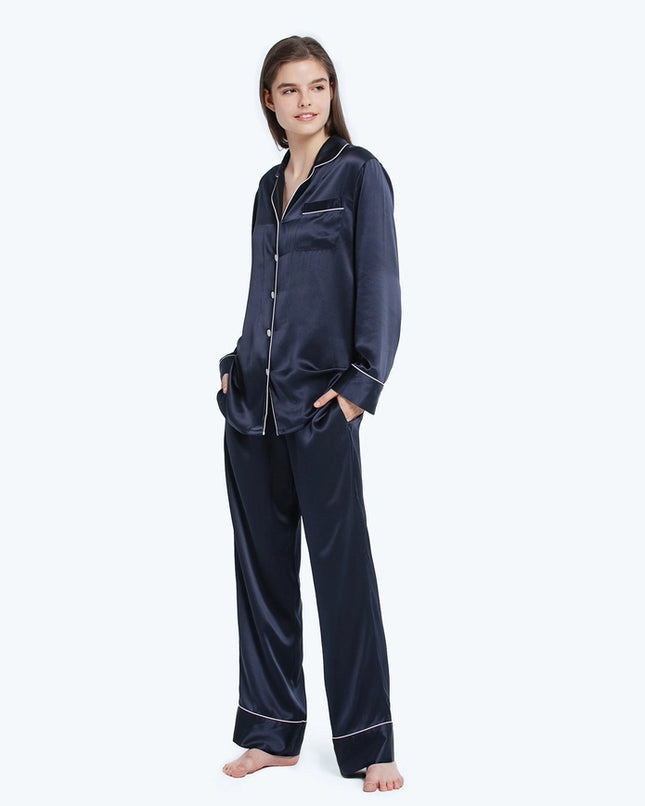 His & Hers Piped Silk Pajamas Navy Blue-Pajamas-MommeSilk-XS-Women's-Urbanheer