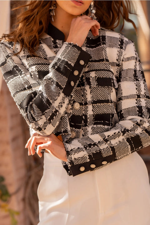 Short Black and White Checkered Tweed Jacket