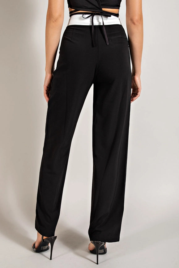High Waisted Twill Trousers w/ Waist Contrast BLK/WHT-Trousers-EDIT by NINE-S-Urbanheer
