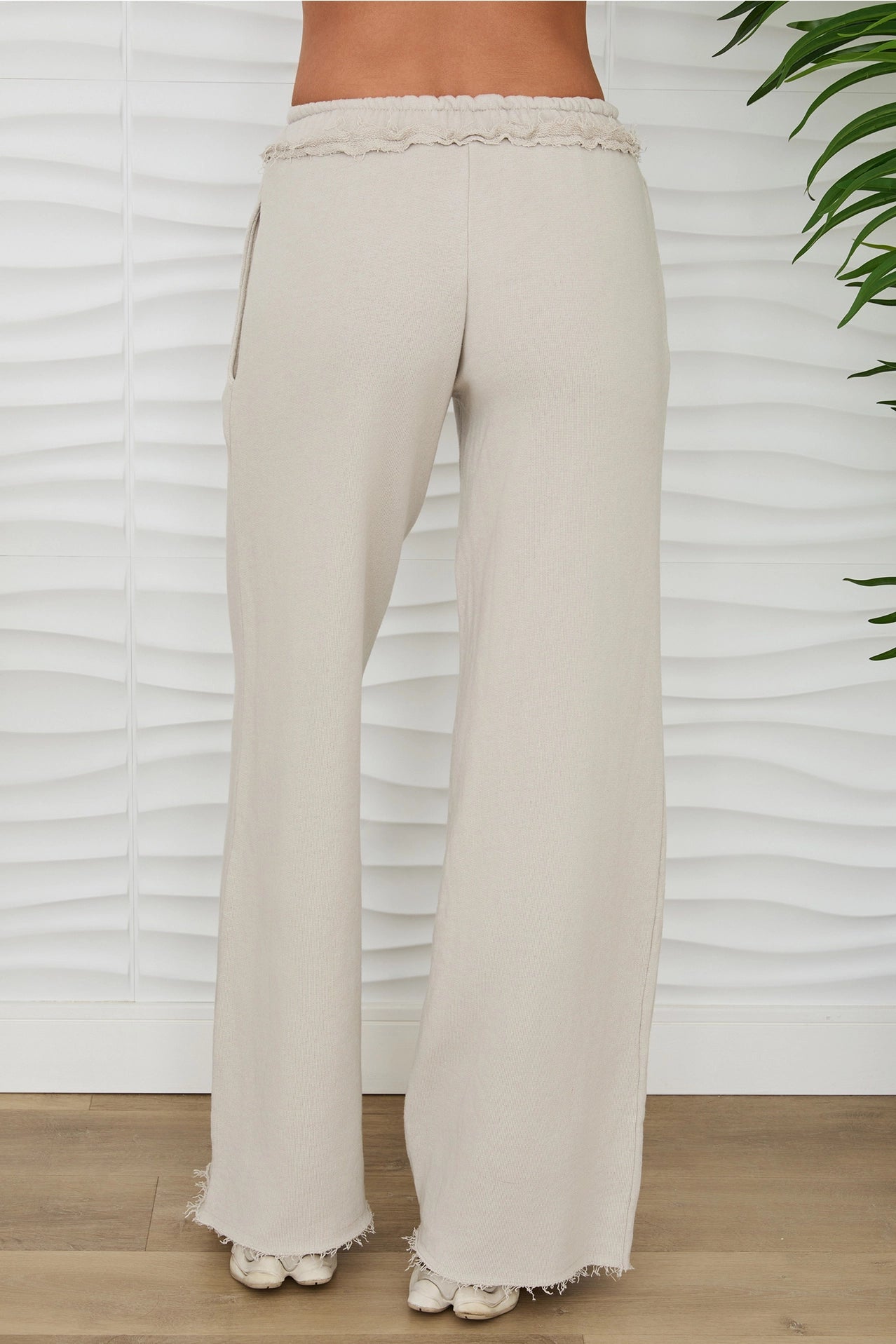 Raw Edge Elastic Waist Pants with Drawcord