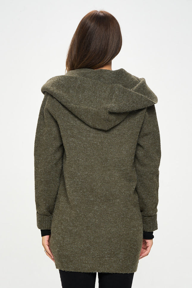 Olive Knit Open Front Cardigan With Hoodie And Zipper Detail-Renee C.-Urbanheer