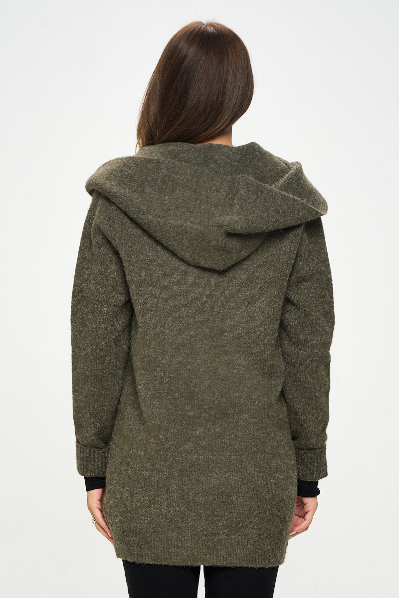 Olive Knit Open Front Cardigan With Hoodie And Zipper Detail-Renee C.-S-Urbanheer