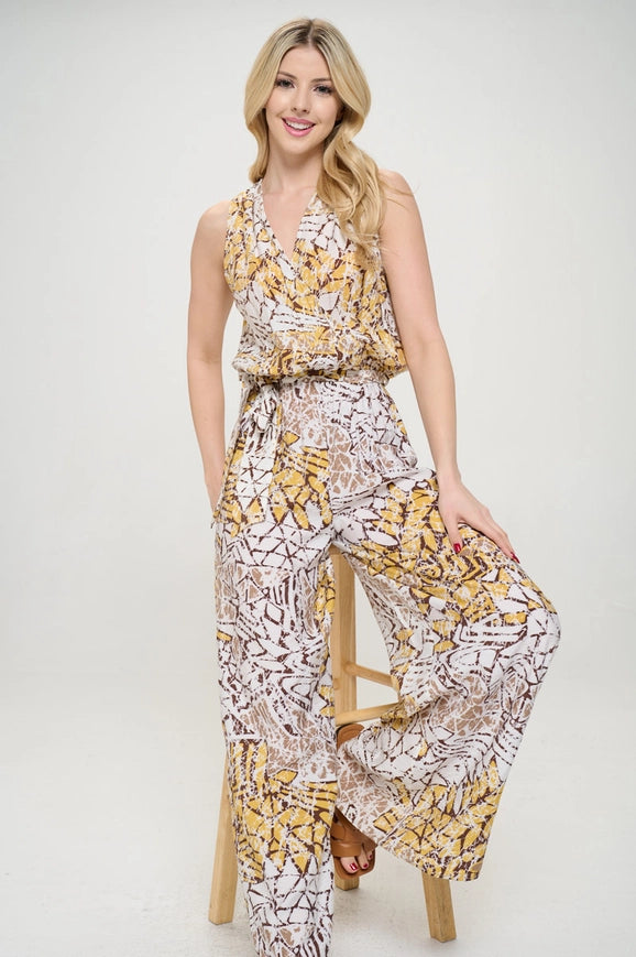 Made in USA Print V Neck Sleeveless Jumpsuit with Tie Multi-Colored-Jumpsuit-Renee C.-Multi-Colored-S-Urbanheer