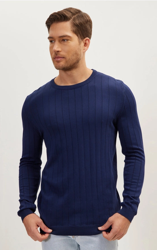 Slip-Stitch Crew Neck Long Sleeve Sweater - Navy-Sweater-Ron Tomson-Urbanheer