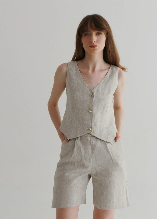 Set Of Beige Linen Shorts And Waistcoat-Sets-Nich Linen-XXS-Urbanheer