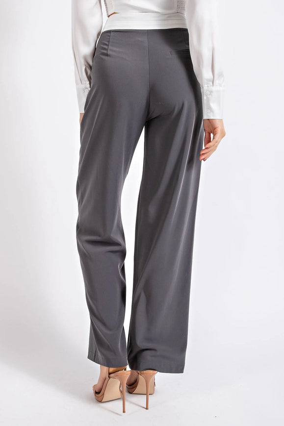 High Waisted Twill Trousers w/ Waist Contrast CHARCOAL/WHT-Trousers-EDIT by NINE-S-Urbanheer