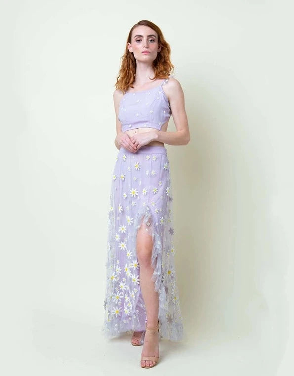 Lavender Daisy Embroidered Skirt-Skirt-La fuori-Urbanheer