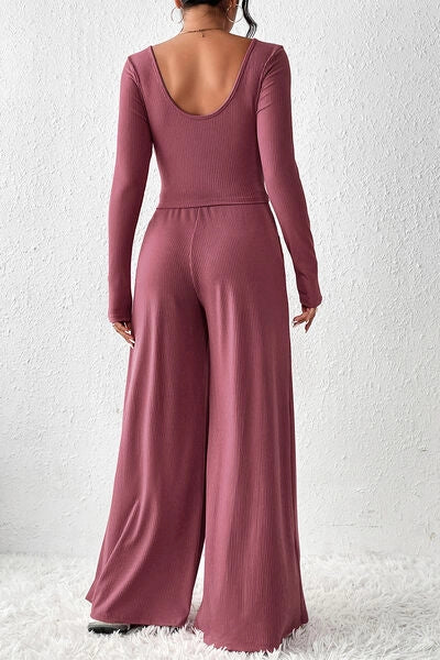 Ribbed Round Neck Top and Wide-Leg Pants Set Moonlit Mauve-Sets-Blak Wardrob-Moonlit Mauve-M-Urbanheer