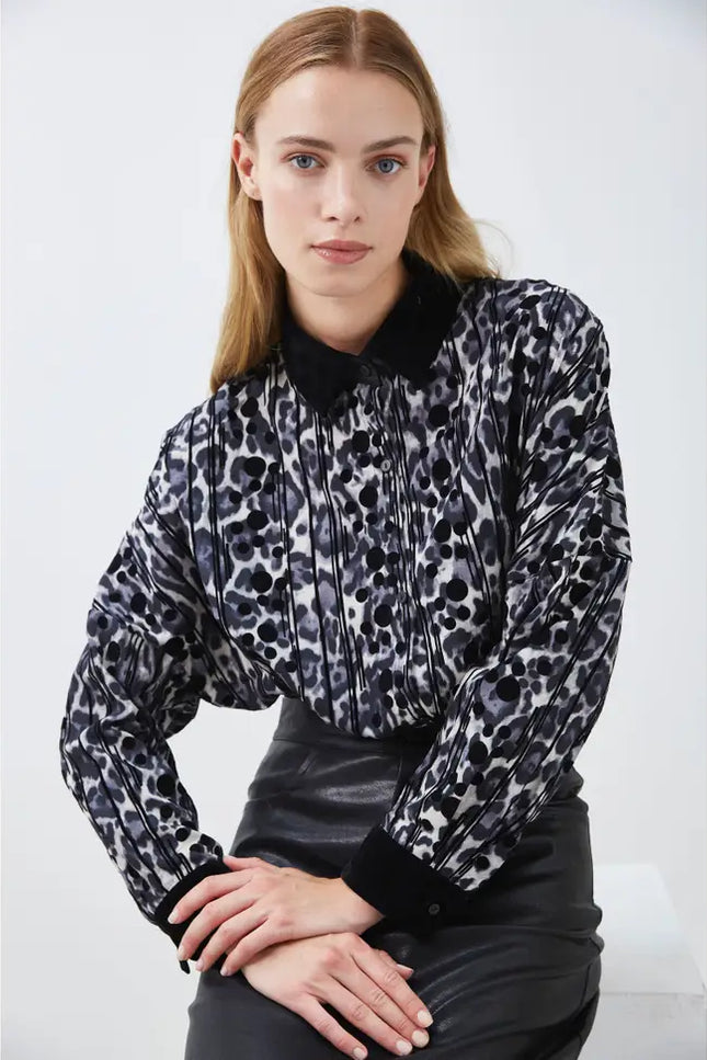 Leopard Print Shirt With Velvet Details-Clothing - Women-ELLI WHITE-Grey-S-Urbanheer