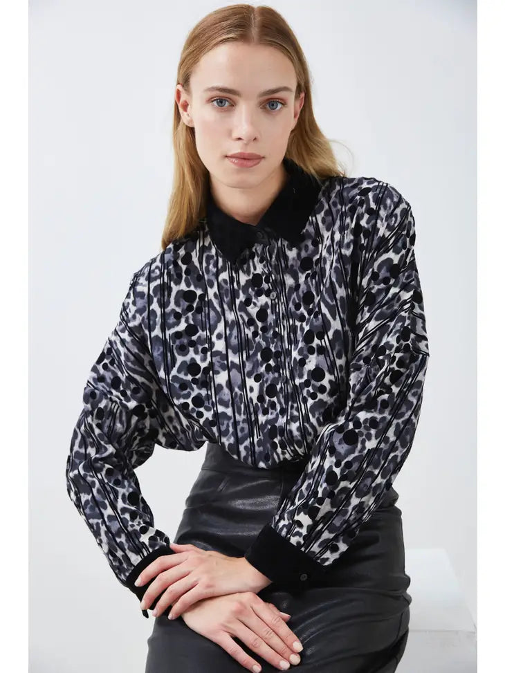 Leopard Print Shirt With Velvet Details-Clothing - Women-ELLI WHITE-Grey-S-Urbanheer