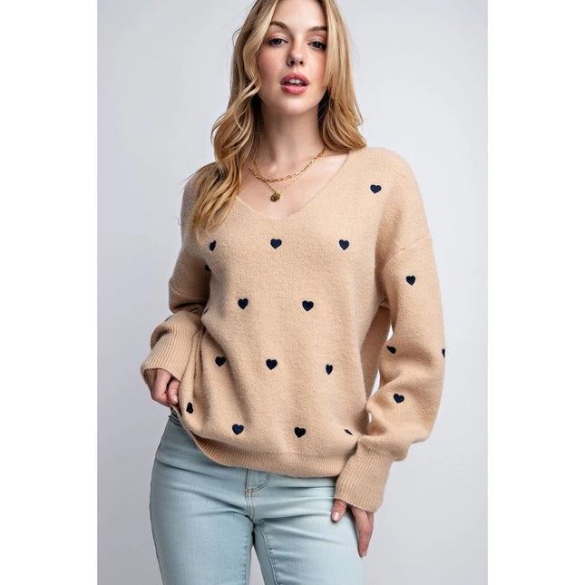 Plus Size Heart Pattern Boxy Knit Pullover Sweater Taupe-SWEATER-Pink Irene Wholesale-Urbanheer