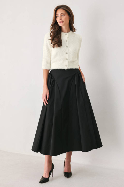 A Solid Woven Midi Skirt - Black