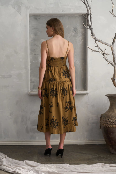 Embroidered Floral V Neck Sleeveless Midi Dress