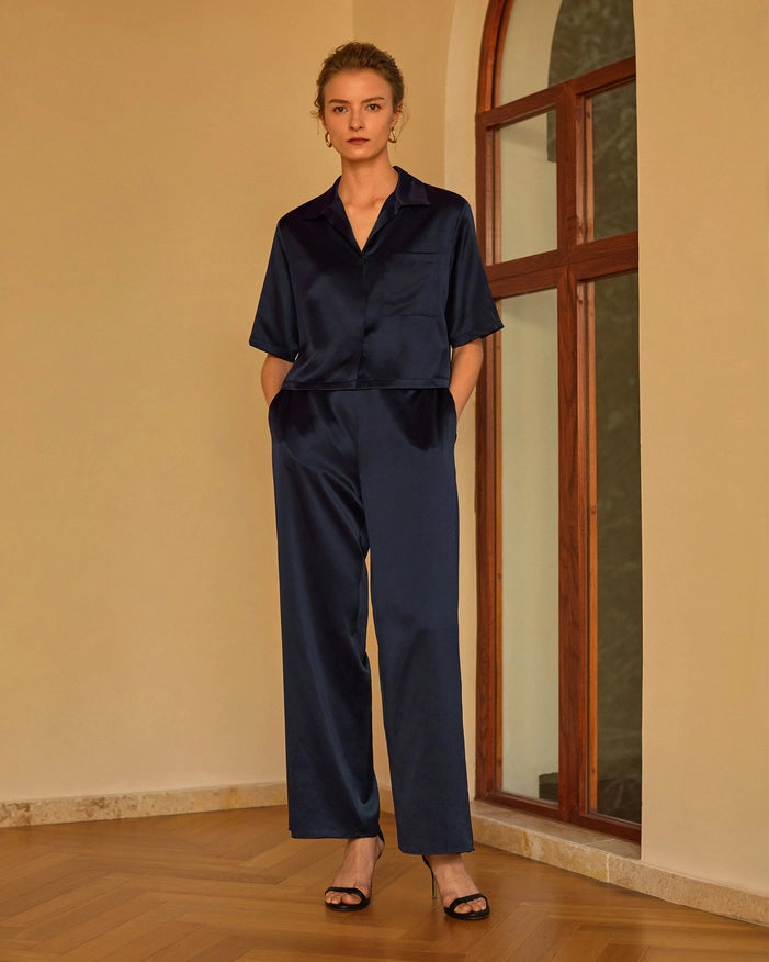 Short Sleeve Silk Pajamas Navy Blue-Pajamas-MommeSilk-XS-Urbanheer