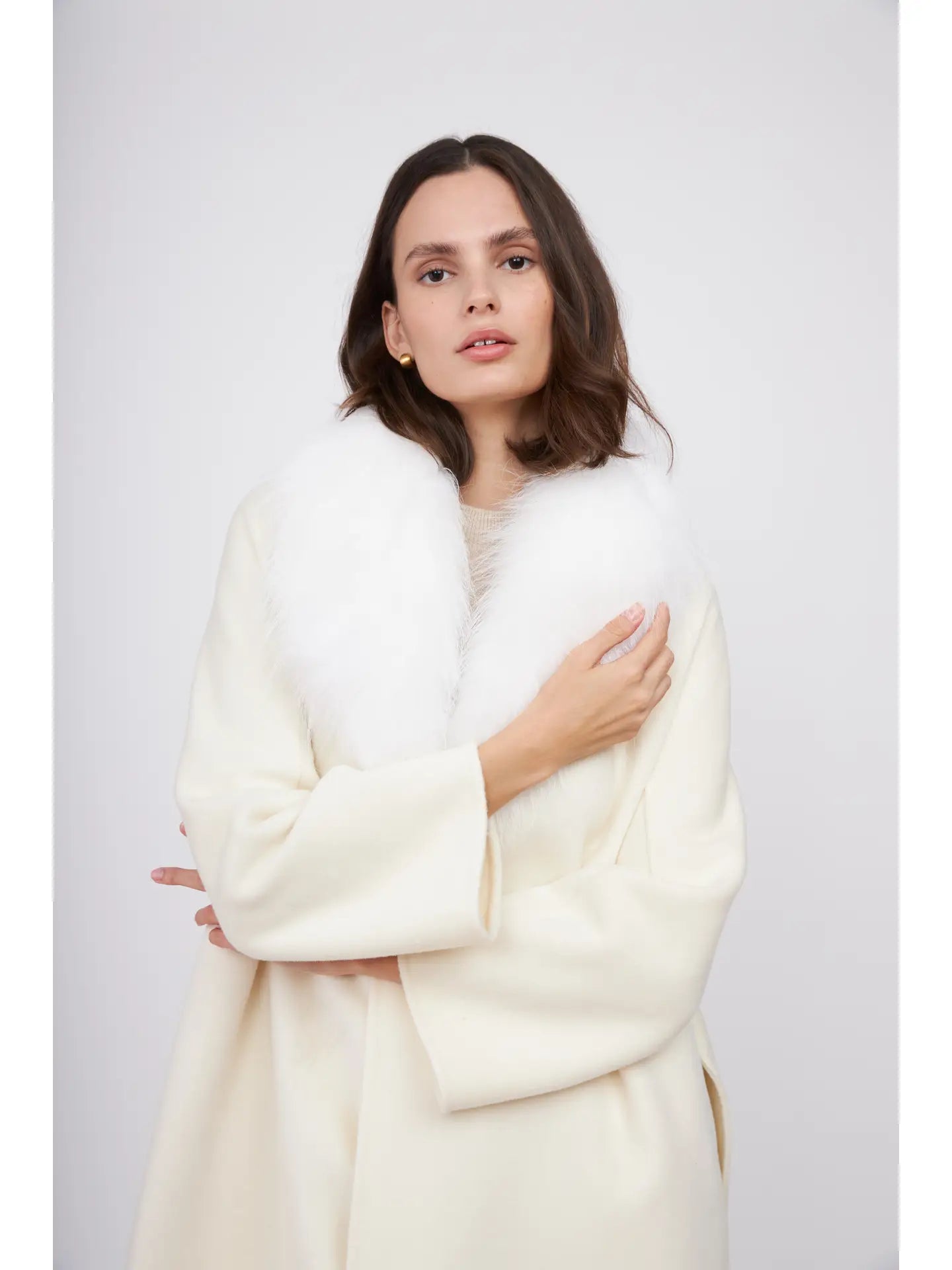 Fur Shawl Collar Cashmere Coat Ivory