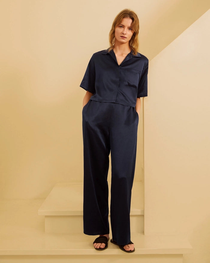 Short Sleeve Silk Pajamas Navy Blue-Pajamas-MommeSilk-XS-Urbanheer