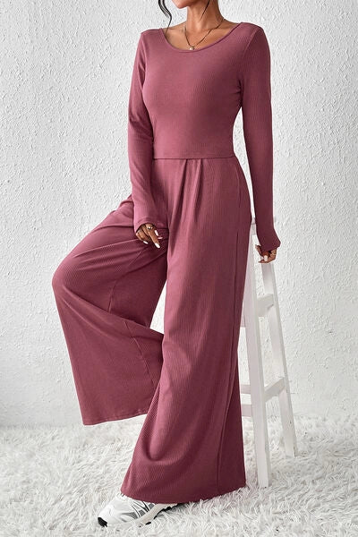 Ribbed Round Neck Top and Wide-Leg Pants Set Moonlit Mauve-Sets-Blak Wardrob-Moonlit Mauve-M-Urbanheer