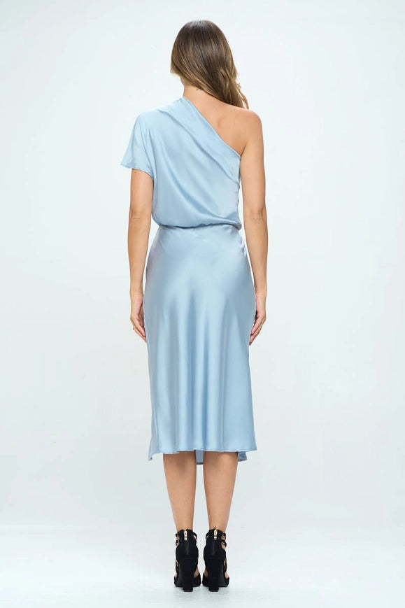 Stretch Satin One Shoulder Dress STEEL BLUE-Dresses-Renee C.-Urbanheer
